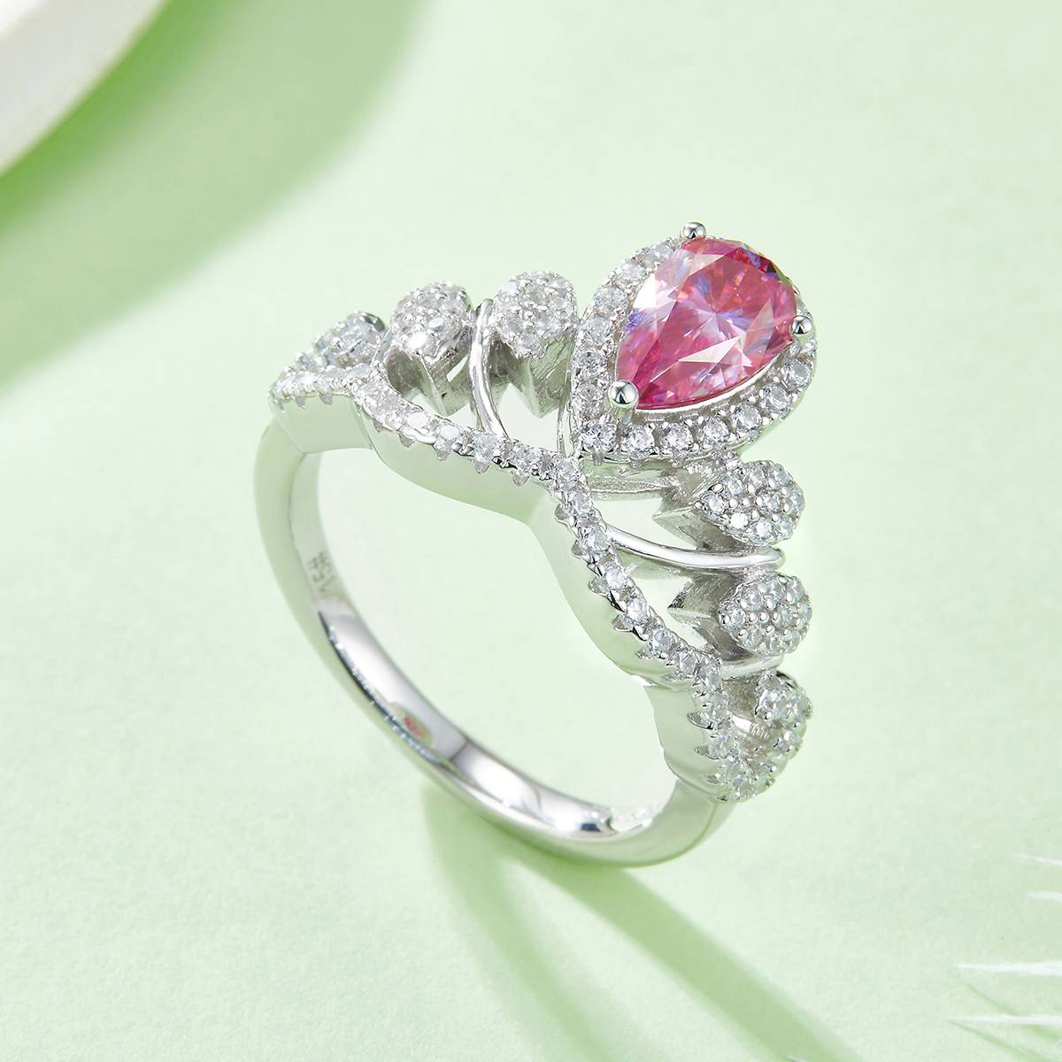 V-shaped Queen Water Drop S925 Silver Plated Platinum Colored Moissanite Diamond Women's Ring 1 Carat D-Class